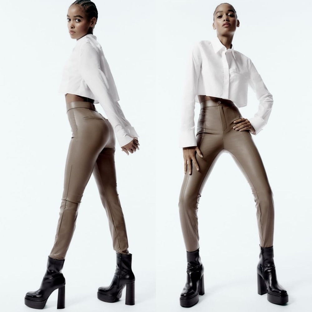 Zara FAUX LEATHER High Waist Leggings w/ False Back Welt Pockets Gray NEW